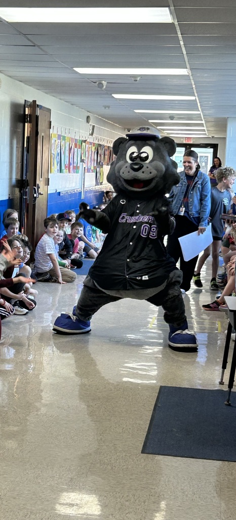 Crushers baseball mascot Stomper is shown in the hallway of Normandy School in Bay Village.