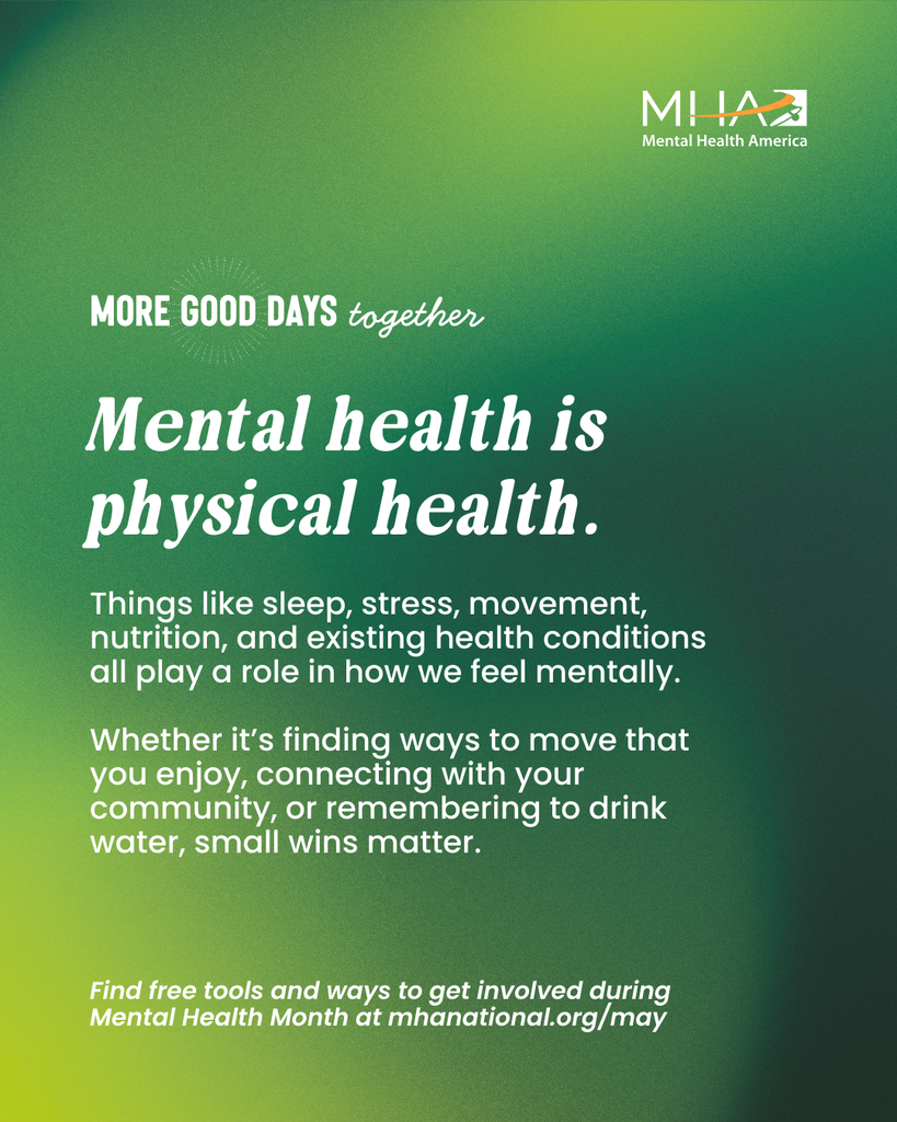 Mental health is physical health image with lots of text sharing ways to be physically healthy.