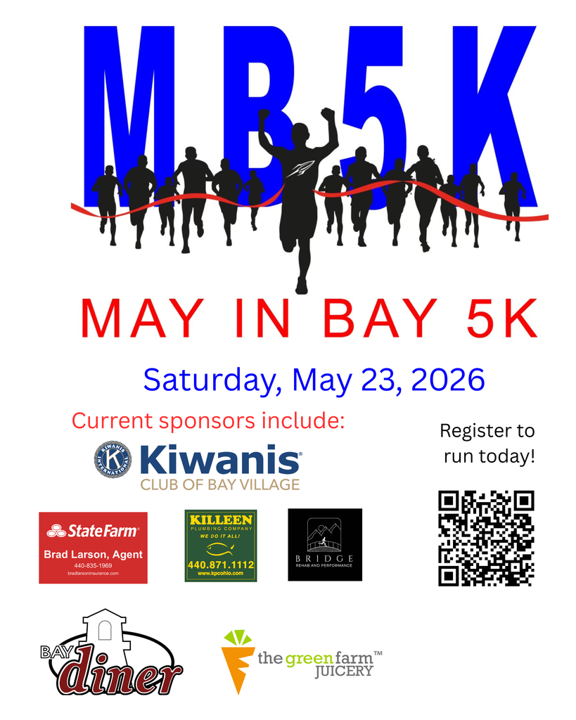 May in Bay 5K Flyer with runner art and sponsorship logos for the May 23, 2026 event.