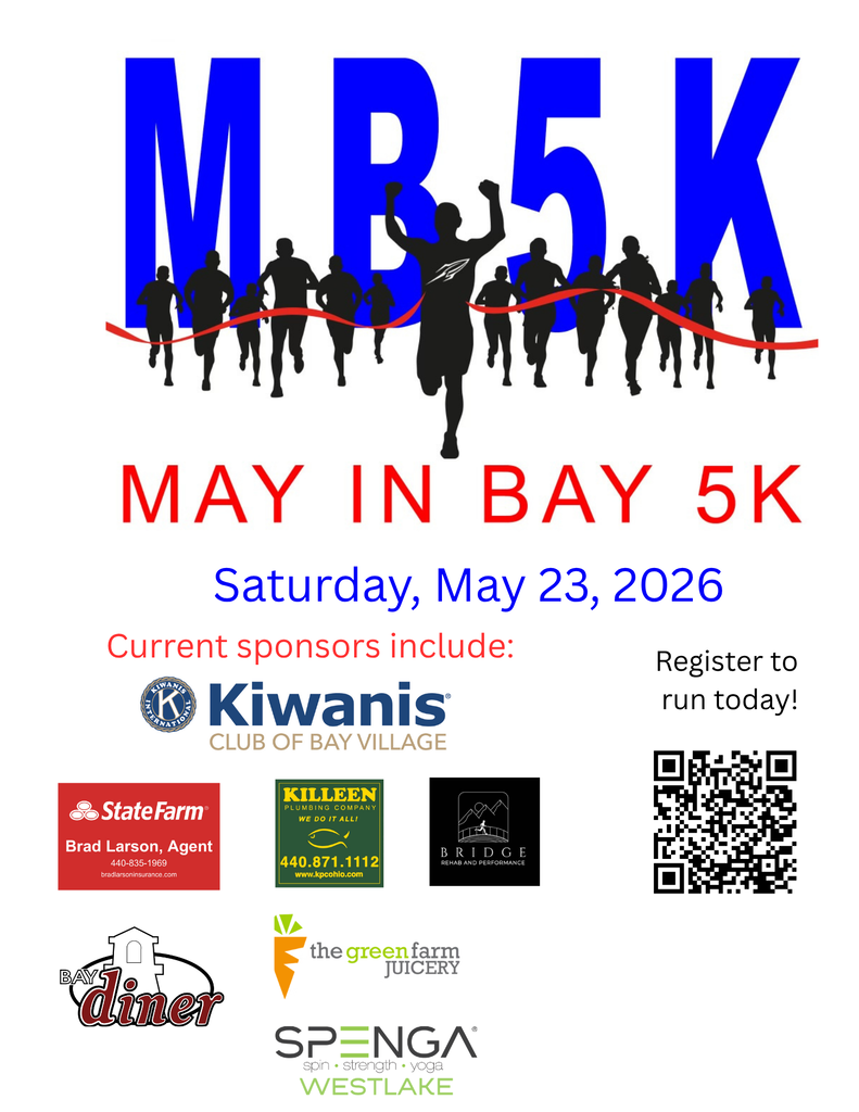 May in Bay 5K Flyer with runner art and sponsorship logos for the May 23, 2026 event.
