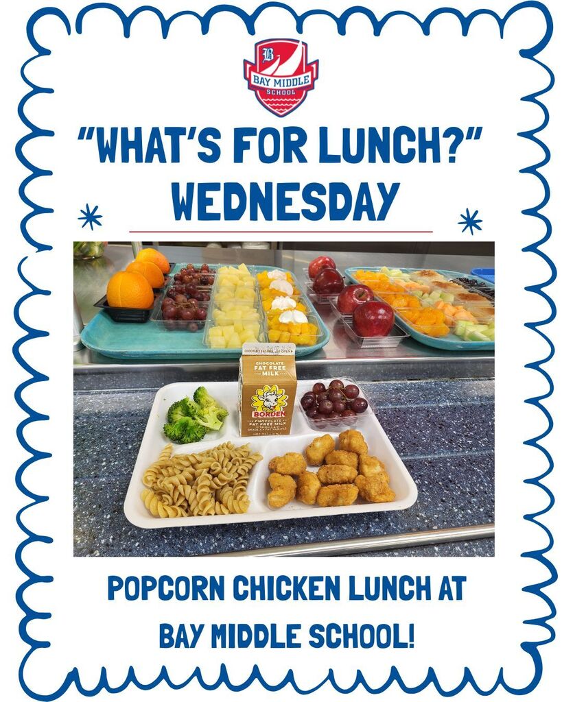 What's for Lunch Wednesday social media post with popcorn chicken, noodles, broccoli, grapes and milk. 