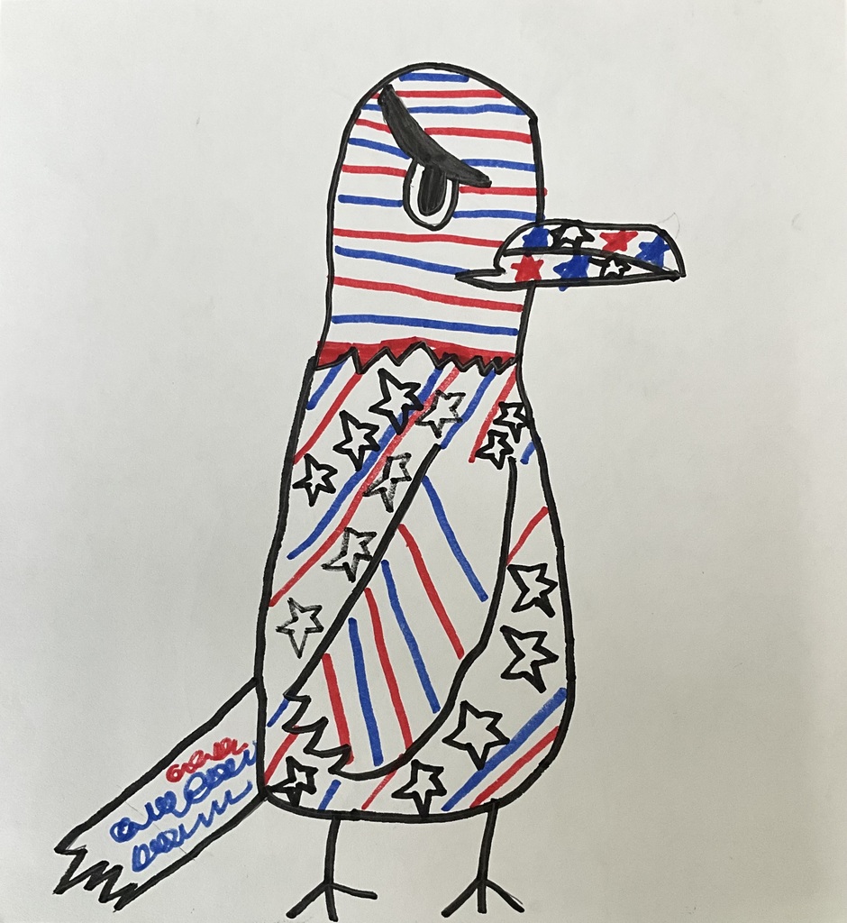 First-grade patriotic artwork showing an Eagle with stars and stripes in red, white and blue.