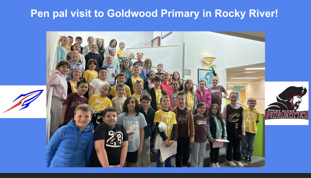 Bay Village second-graders are pen pals with Rocky River second-graders; photo of a big group of kids. 