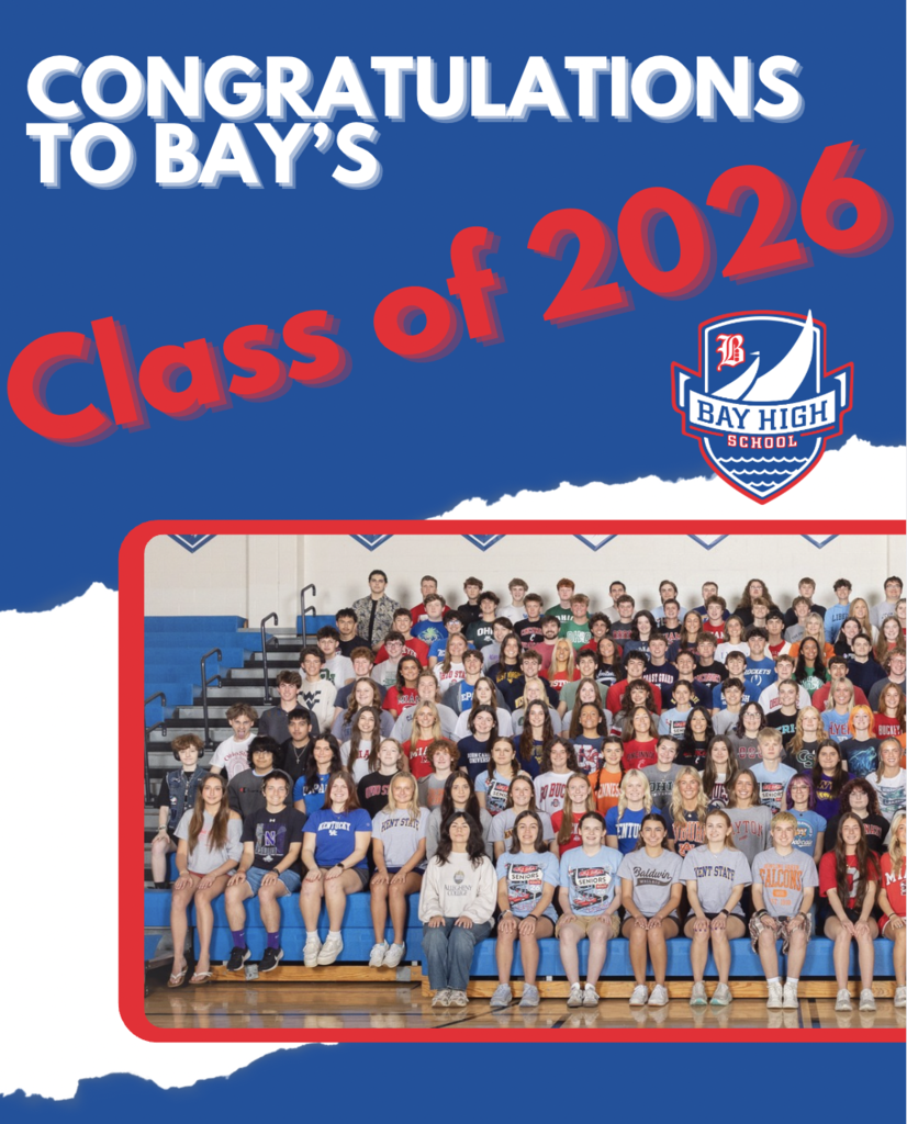 A photo of Bay High School's Class of 2026 sitting on bleachers in the gym. 