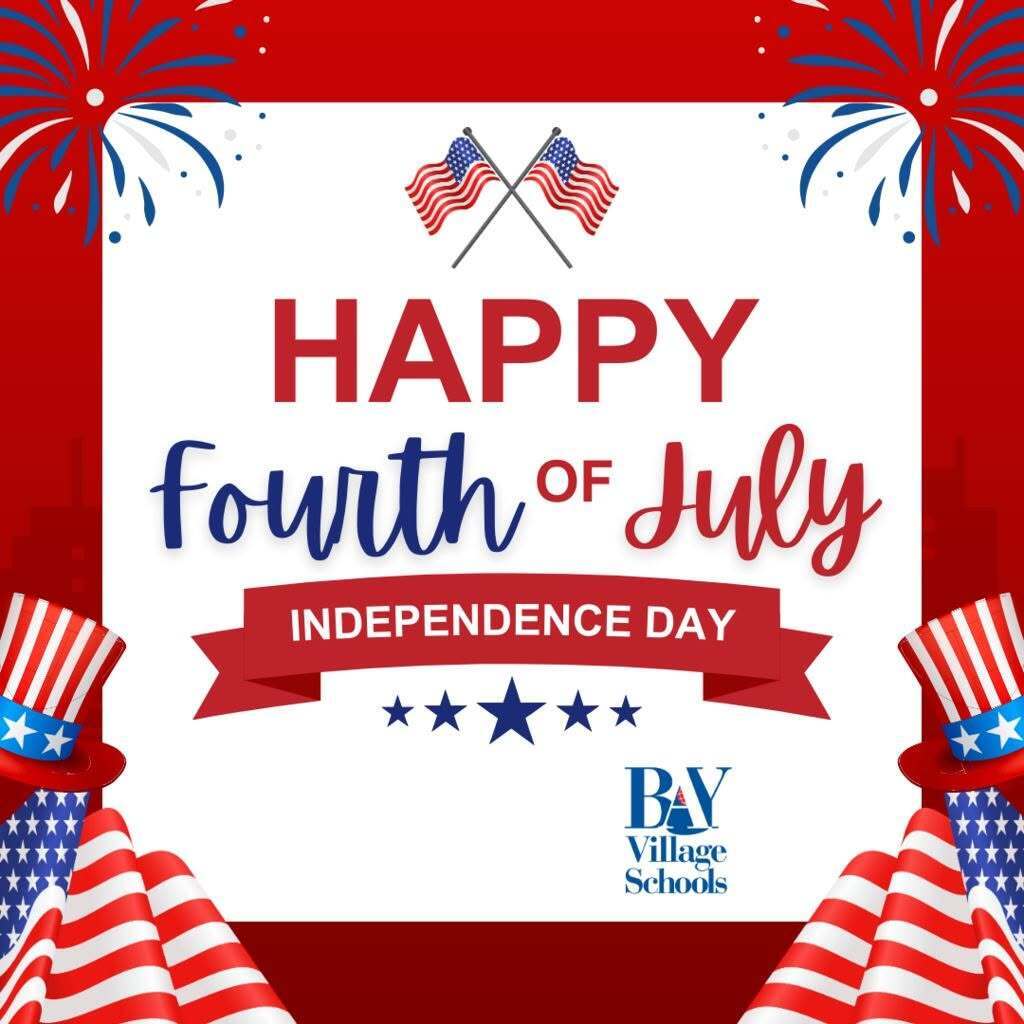 Fourth of July image with flags and the district logo.