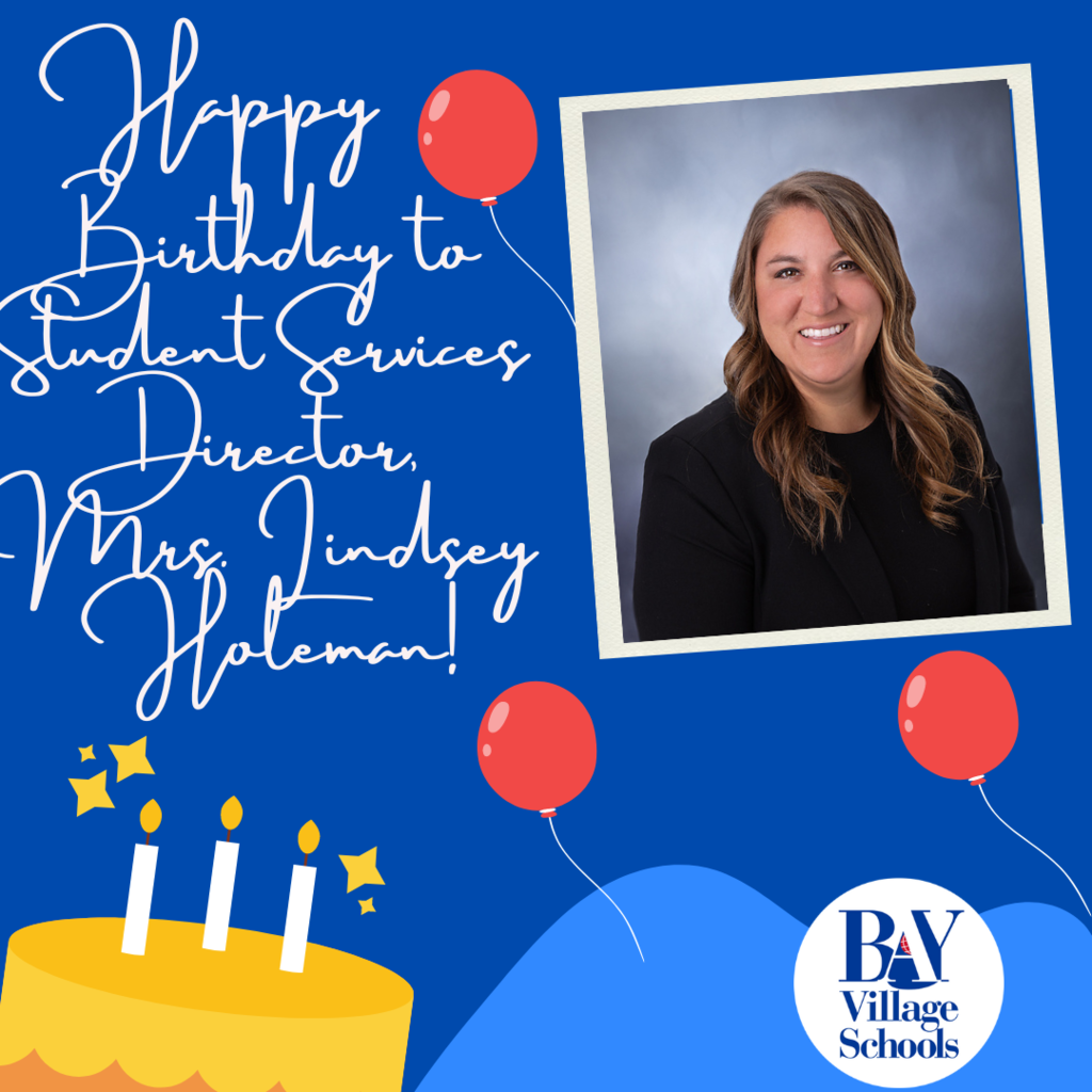 Birthday banner for Mrs. Lindsey Holeman with her photo, a birthday cake, balloons and the district's logo.
