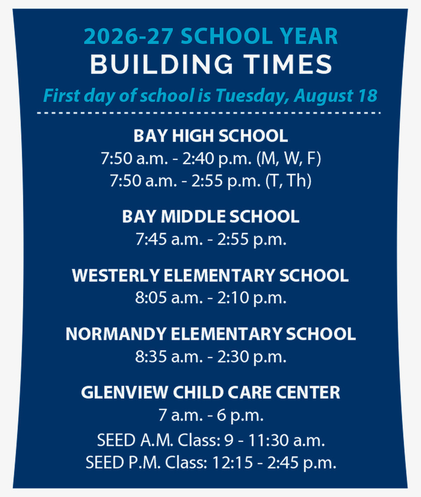 Building times for the 2026-27 school year, with the first day of school on august 18, 2026 text