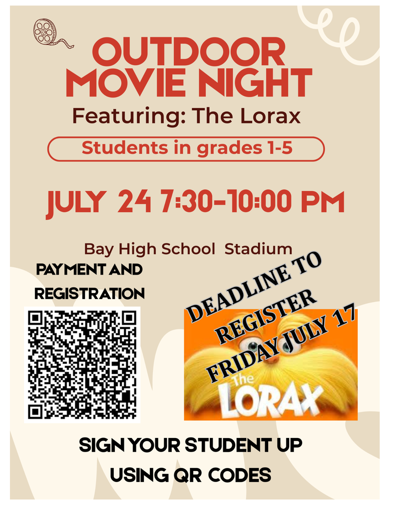 Movie Night Flyer for YPF 2026 with the Lorax image, a QR Code, a movie reel, dates and times and more text.
