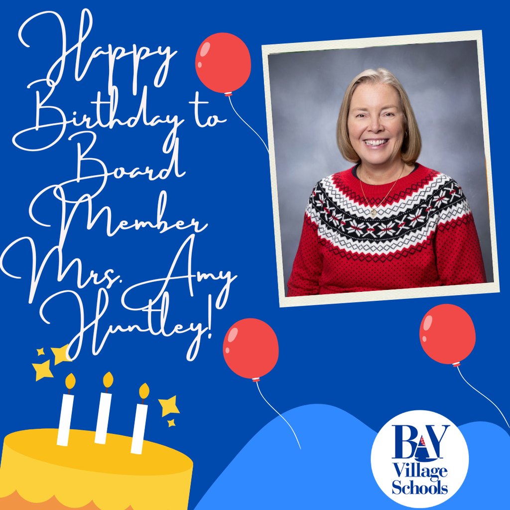 Happy birthday to Board Member Mrs. Amy Huntley image with a yellow cake, red balloons, her photo and the district's logol