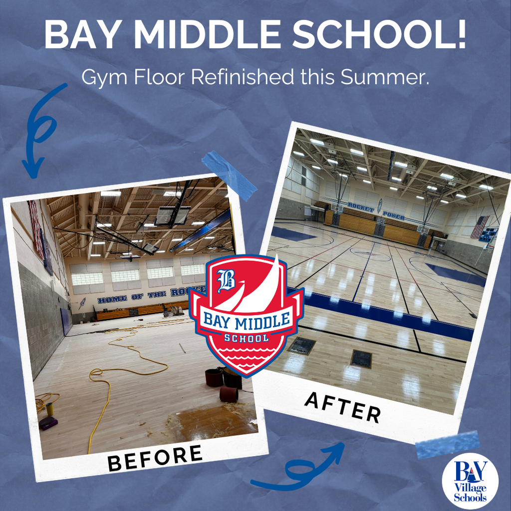 Bay Middle School before and after photos of the resurfacing of the school's gym floor.
