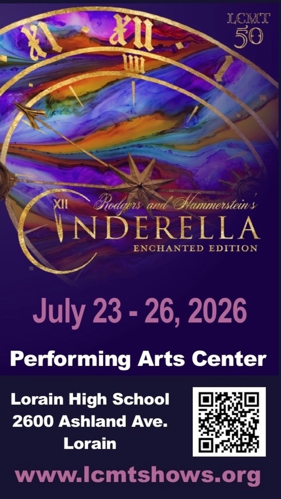 Cinderella play flyer July 23-26, 2026 with purple background and a fancy clock, along with dates, address and a qr code.