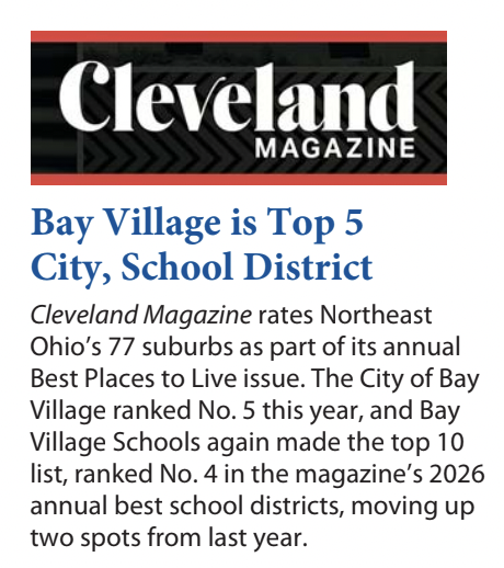 Cleveland Magazine logo with text sharing that BVCSD is #4 district in Northeast Ohio, and city of Bay Village is #5. 