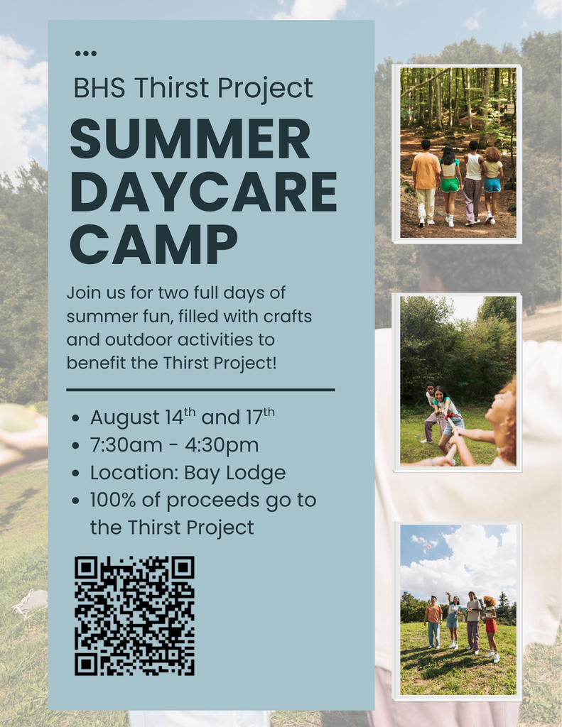 Bay High Key Club camp flyer for Aug 14 & 17, 2026 with QR code, photos and more text.