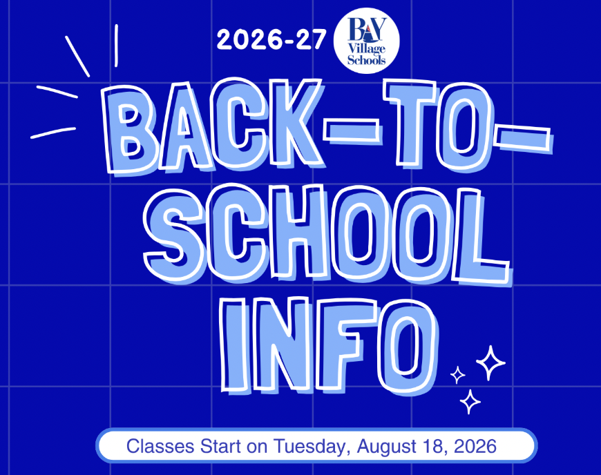 Back to School header image for 2026-27 school year with text, dates and two shades of blue in the background on white, with stars.