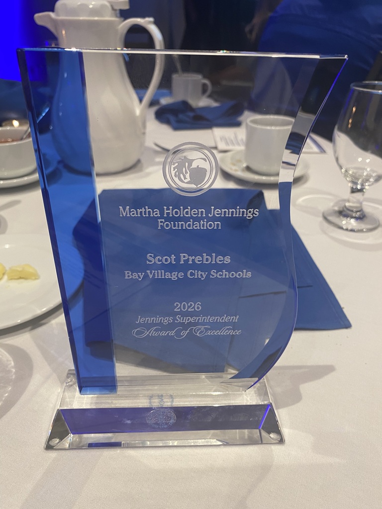 A photo of the clear self-standing plaque award that Supt. Scot Prebles won from the Martha Holden Jennings Foundation.