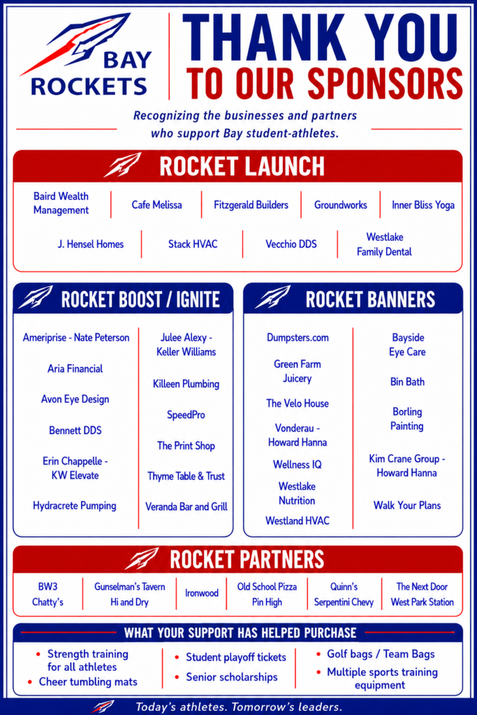 Bay Rockets Association thanks its sponsors in a vertical flyer with a red, white and blue theme, listing sponsor categories and names of those sponsors.