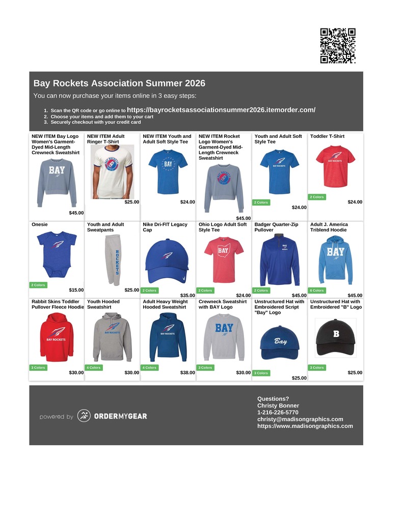 Bay Rockets Spirit Wear Flyer for August 2026, including sample merchandise like hats and t-shirts, with prices and a QR code for ordering.