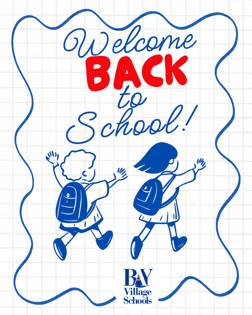 A welcome back cartoon-ish drawing of the backs of a boy and girl with backpacks on in blue .