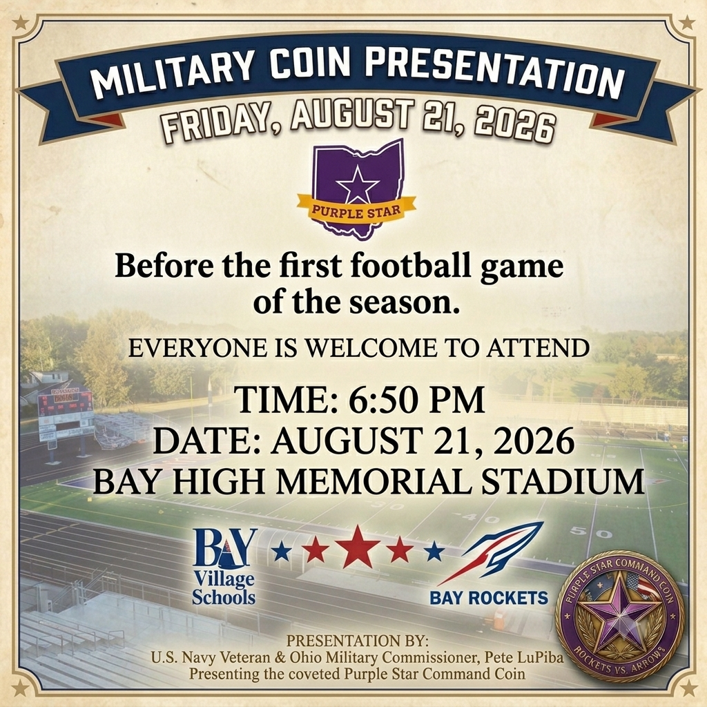 Flyer promoting the Military Coin Presenation at Bay Memorial Stadium on Friday, August 21 at 6:50 p.m.