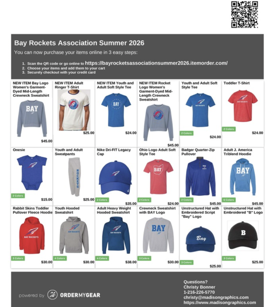 Flyer featuring red, blue and gray spirit wear with the Bay Rockets messaging on it. 