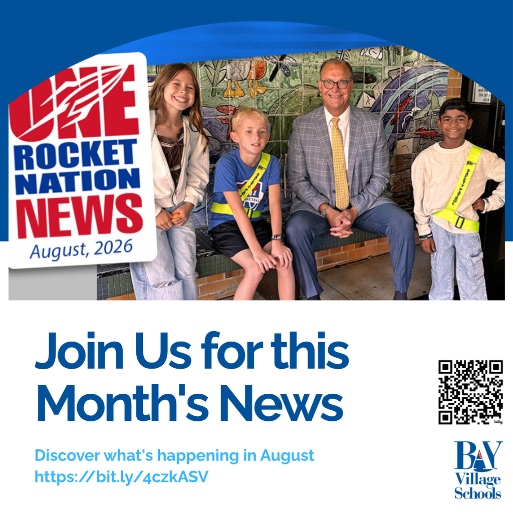 One Rocket Nation News August image, QR code and link featuring a photo of the supt with three elementary school students on the first day of school.