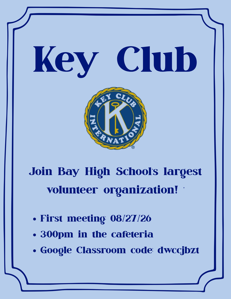 Key Club's first meeting of the school year flyer with text and the Key Club logo.