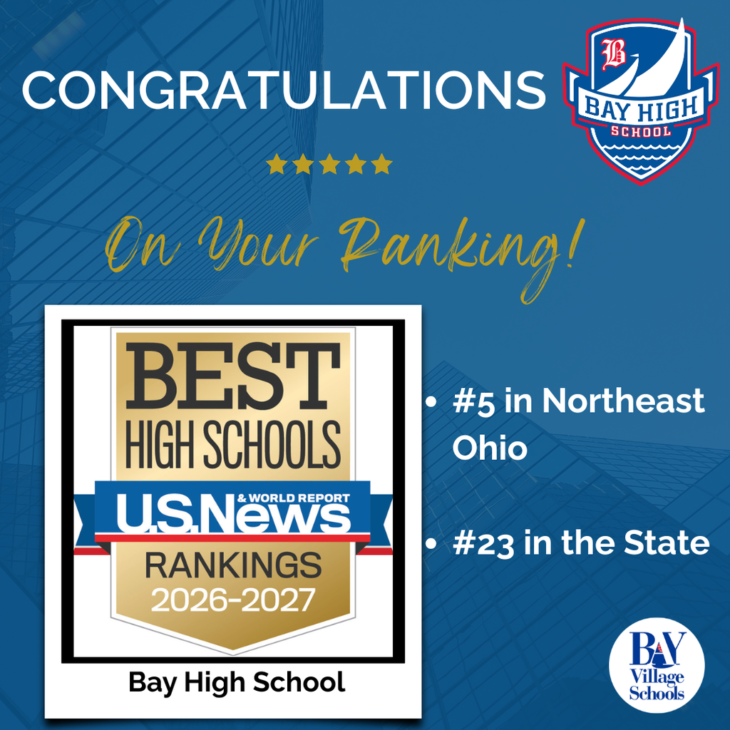 U.S. News & World Report 2026-27 Best High Schools ranking badge, with information that Bay High School is ranked #5 in the area and #23 in the state.