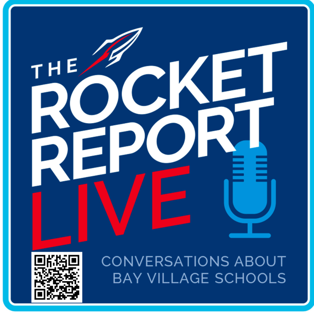 The Rocket Report Live podcast logo with red, white and blue motif and a microphone icon and qr code.