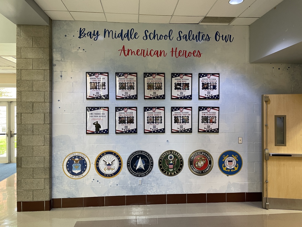 Bay Middle School Veterans Wall project with the emblems from all the Armed Forces, as well as stories of veterans who are local. 