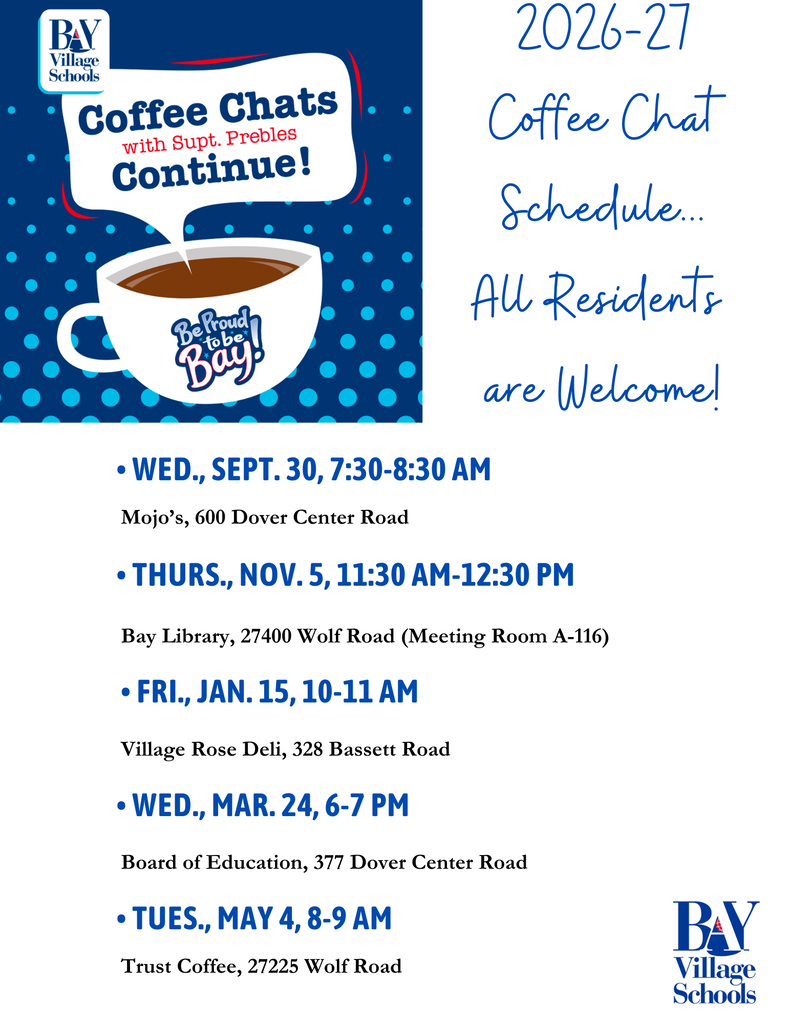 Coffee Chats flyer for 2026-27 school year, with dates, times and places, and a cup of coffee graphic.