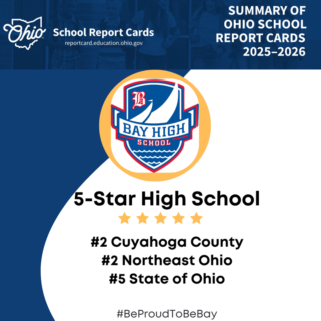 State Report Card image for Bay High School, with logo, yellow five stars and rankings in the state.