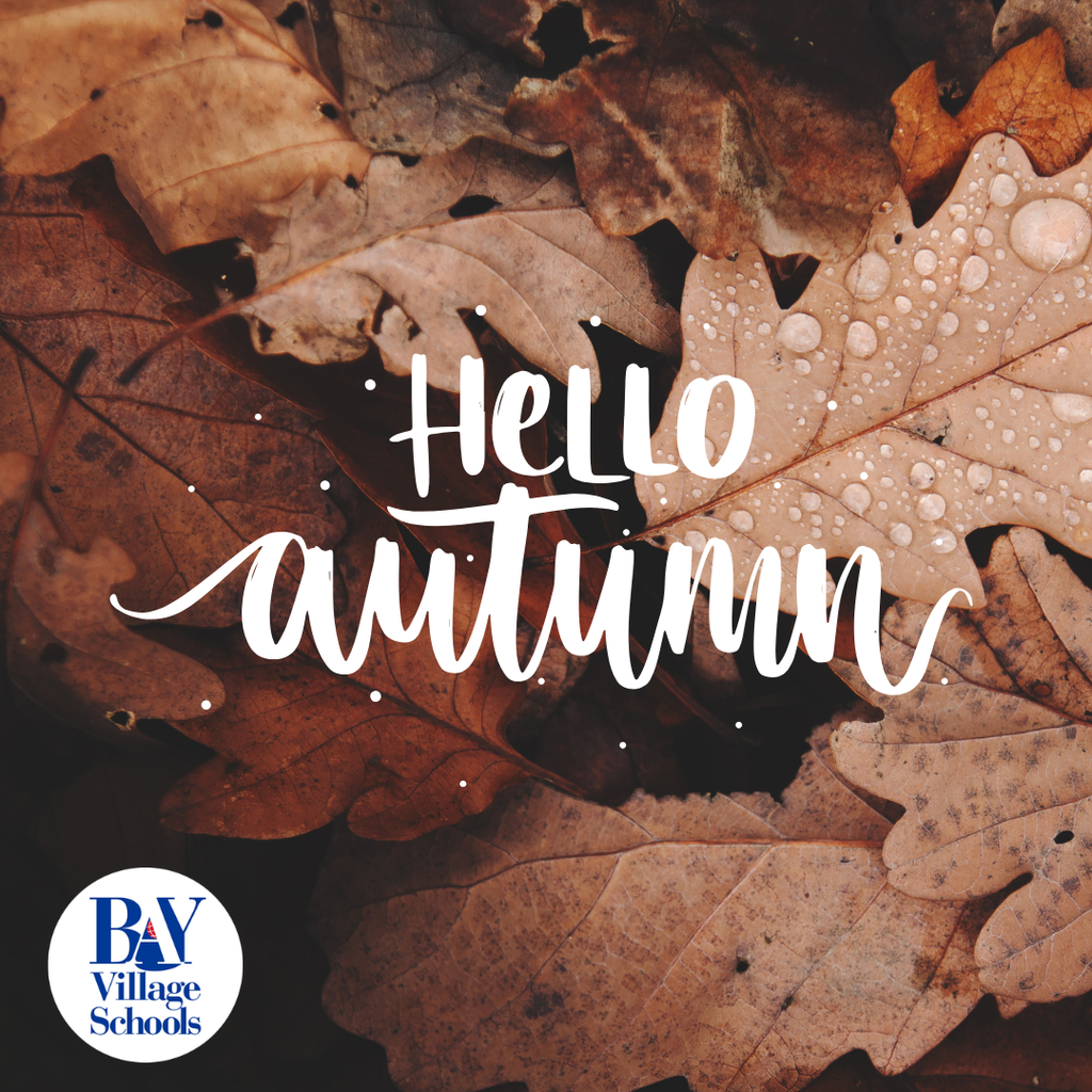 First day of fall image with leaves in the background, white text and a district logo.