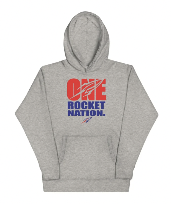A gray hooded sweatshirt with the words "One Rocket Nation" on the front as well as a rocket icon.