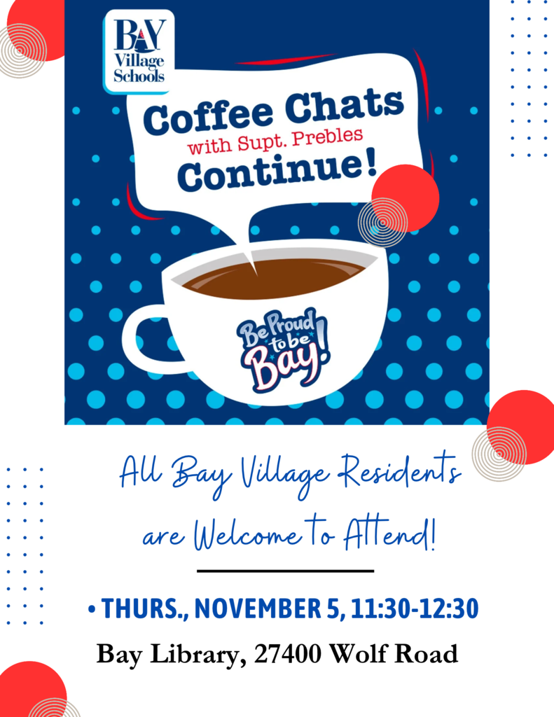 Coffee Chat flyer for Nov. 5, 2026 with a coffee cup and text on the blue polka dot flyer.