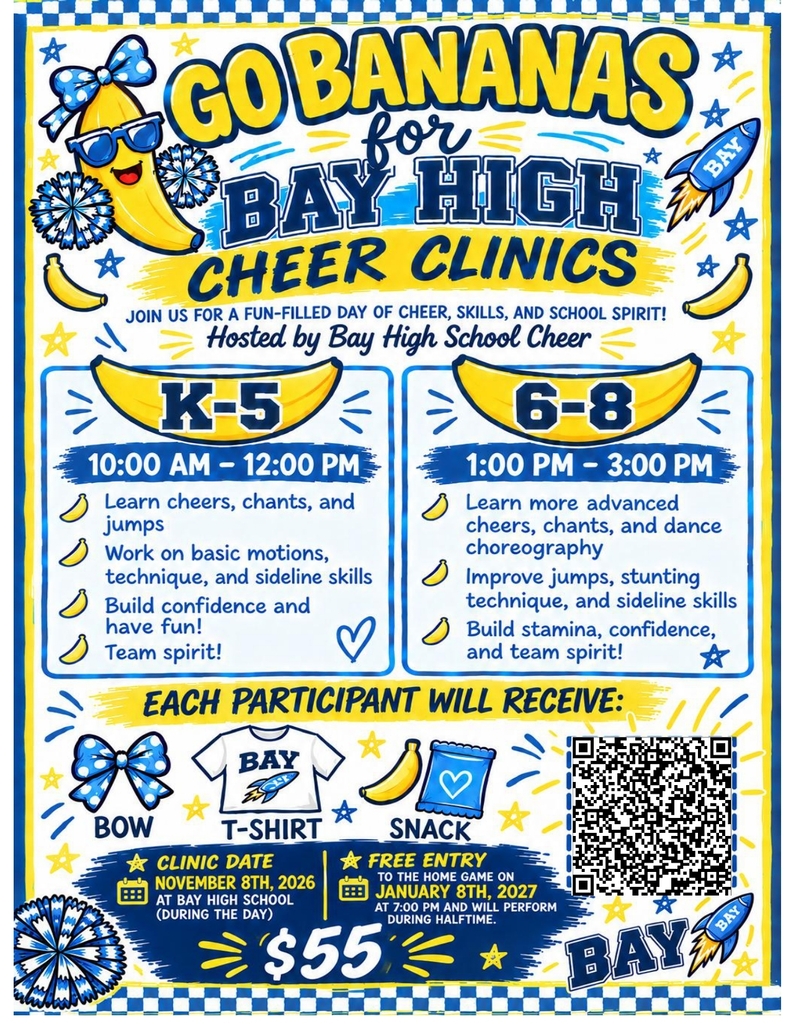 Cheer Camp flyer for 11-8-26 with a Go Bananas theme in yellow and blue.