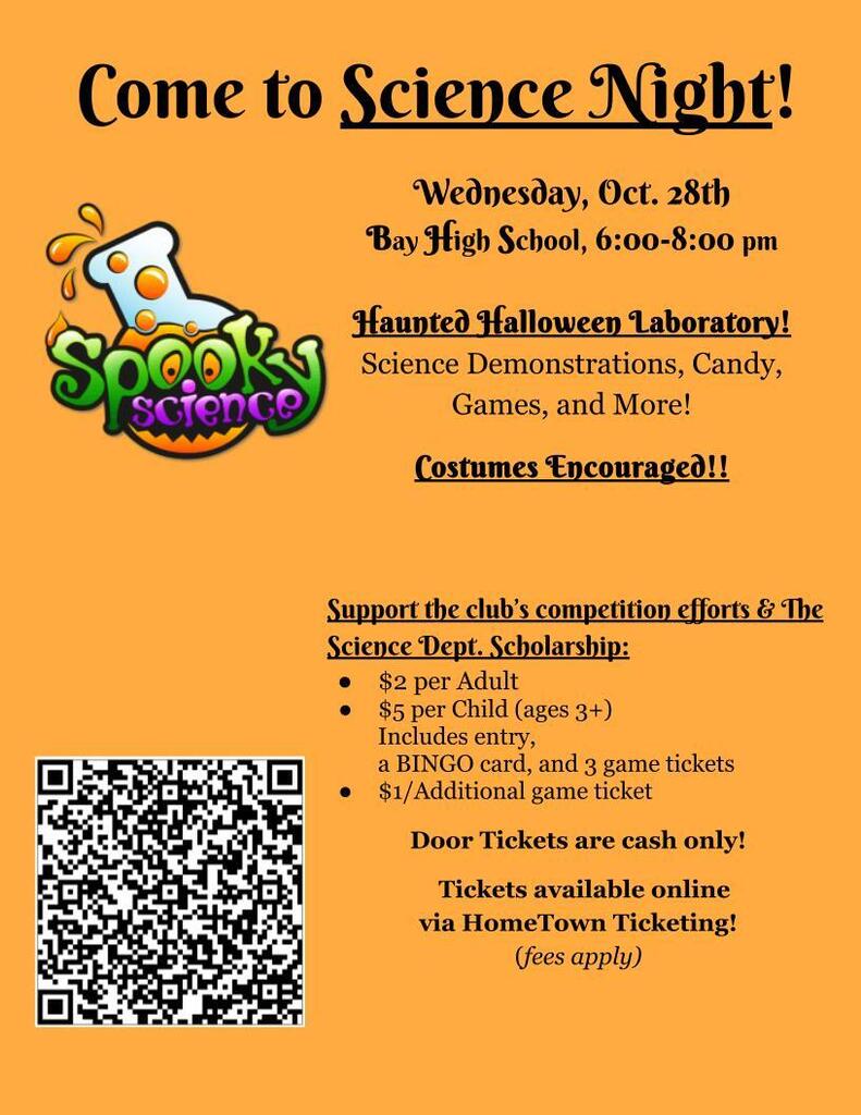 Spooky Science Night Flyer for Wed., Oct. 28 from 6-8 p.m. at BHS.