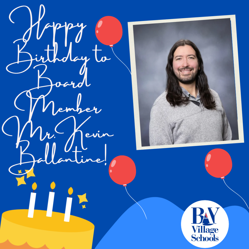 Happy birthday image with a man with long, dark hair, red balloons, a yellow cake with candles and a blue background.