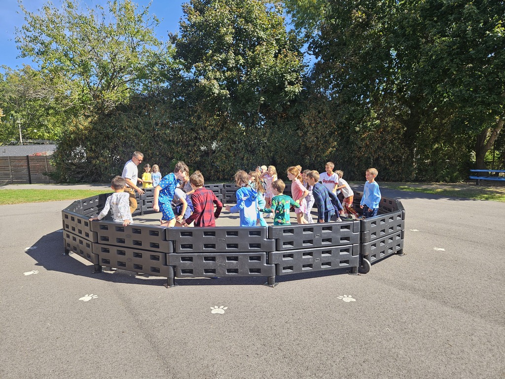 Elementary students playing Gaga ball on the playground.