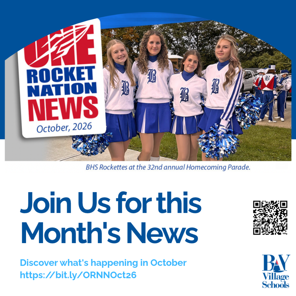 October ENews 2026 image with four Rockettes at Homecoming, text, a QR code, a link and a logo.