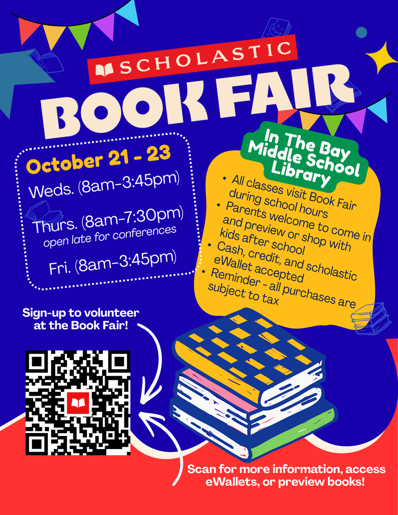 A Book Fair flyer with a blue background, QR code, a stack of books and a list of instructions and reminders. 