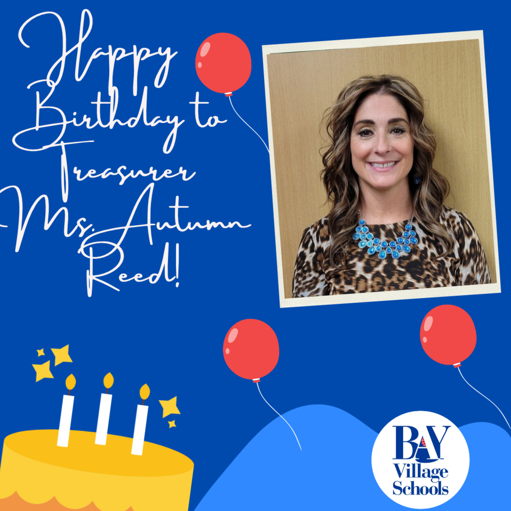 Happy birthday image with a blue background, red balloons, yellow cake with candles, white text and a smiling woman's photo.