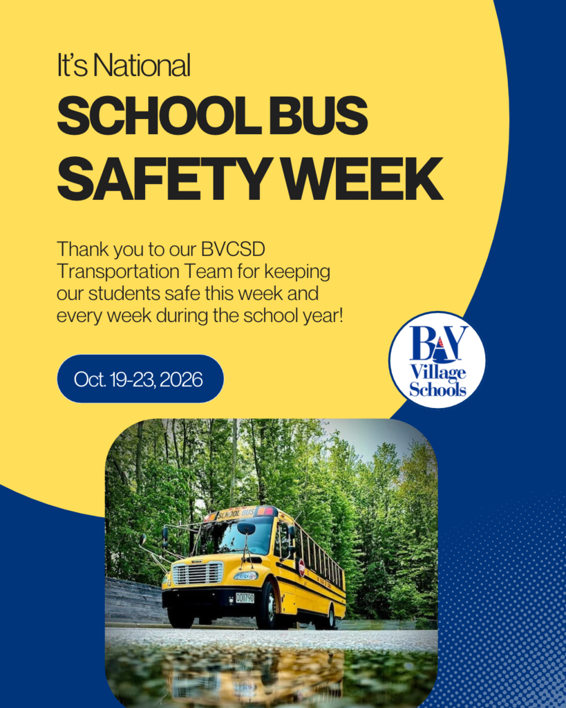 A yellow and blue background flyer with a school bus image, a district logo and text that celebrates National School Bus Safety Week.