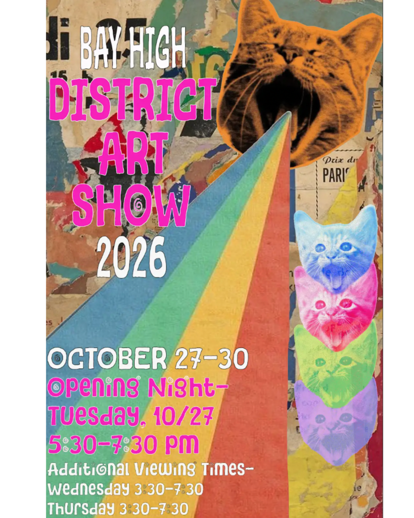 District art show flyer with a cat vomiting a rainbow and neon colored cats down the right side, along with a busy French artwork background and the dates and times for the event.