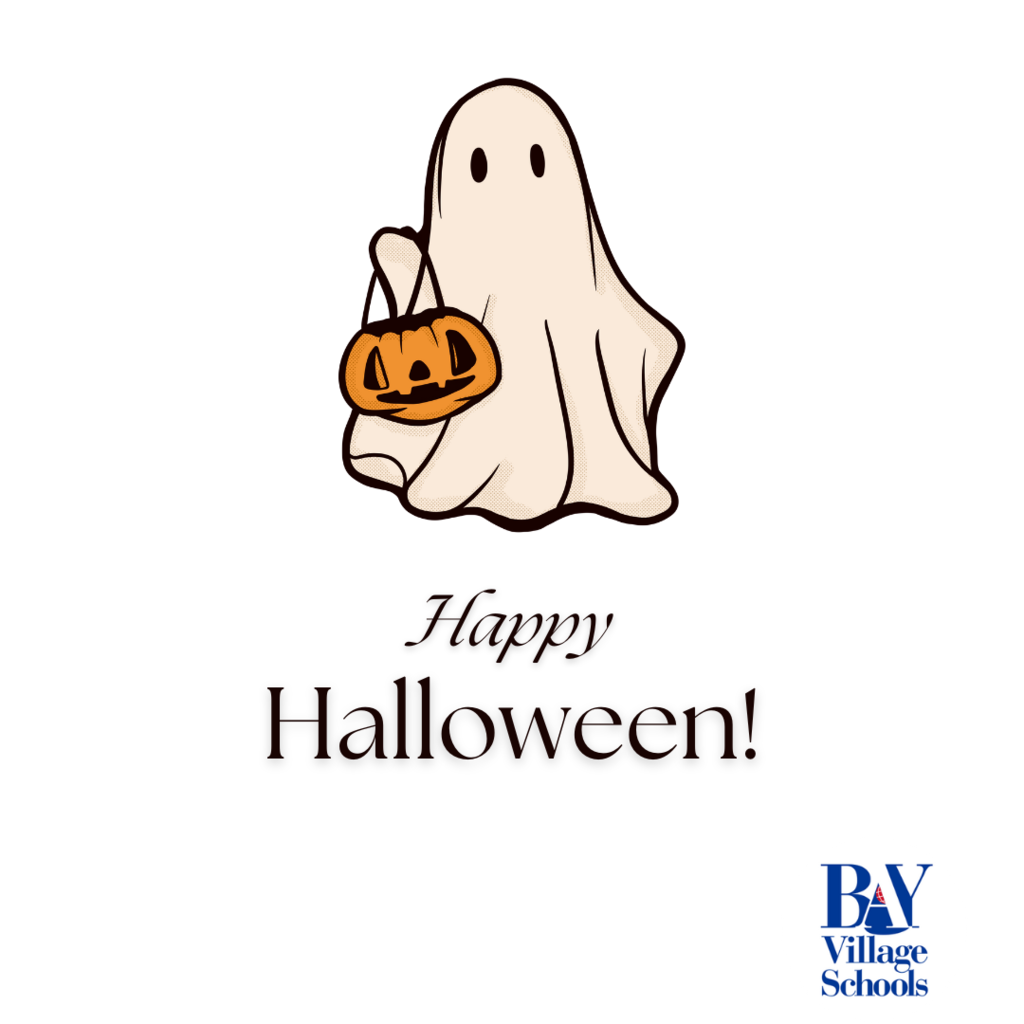 a white background with a creamy white colored ghost carrying a pumpkin container with the words happy halloween and a school district logo