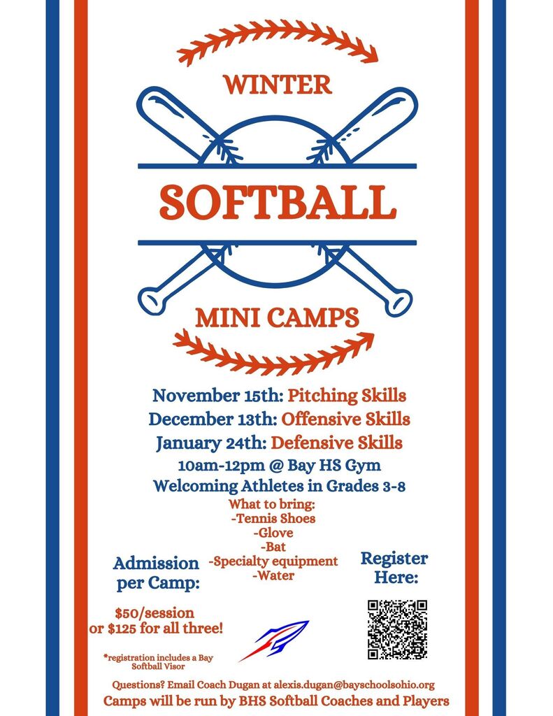 Winter Softball Camps flyer with white background, red and blue text, a QR code, a rocket logo and dates, times and what to bring.