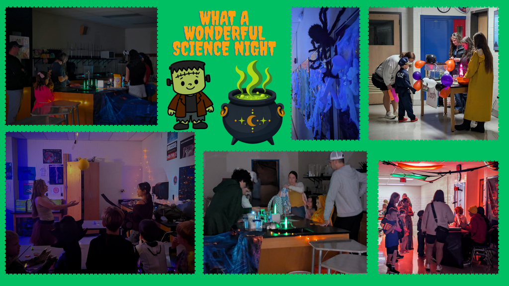 A collage of six photos from a high school science club's Spooky Science Night.