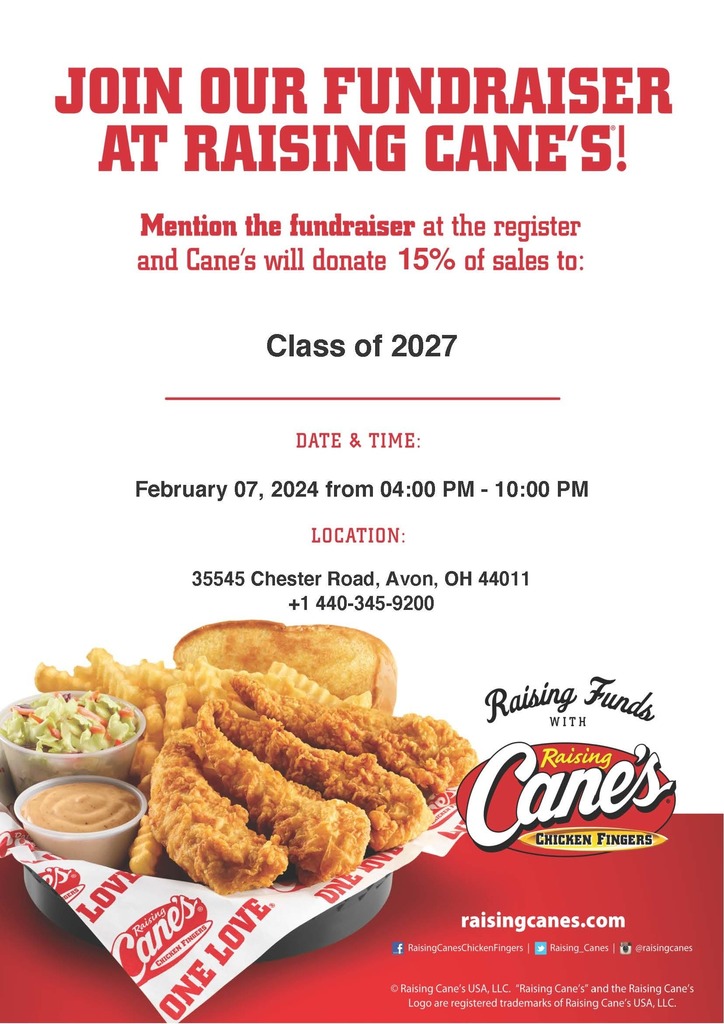 Class of 2027 fundraiser flyer with Cane's in Avon