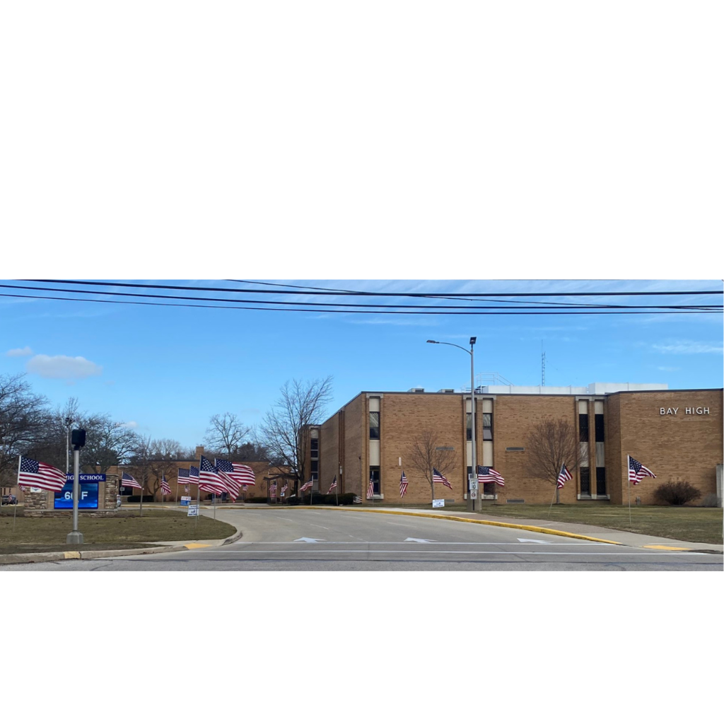 Bay High School with flags photo