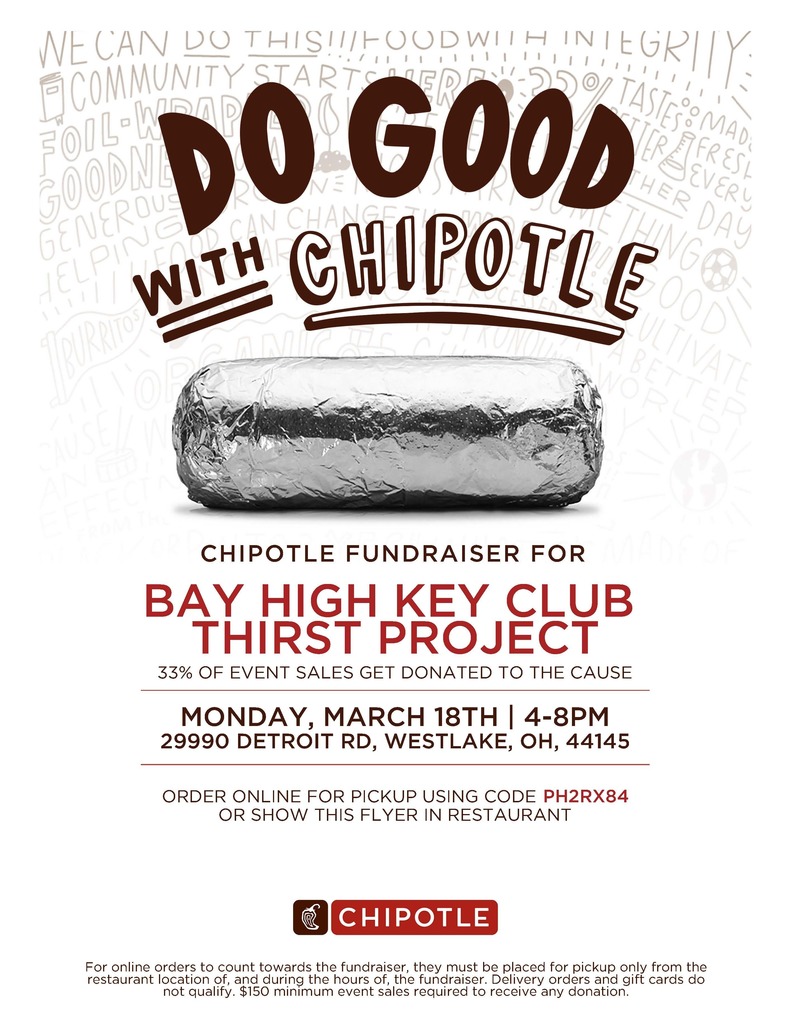 Key Club Chipotle flyer for March 18, 2024 fundraiser for Thirst Project