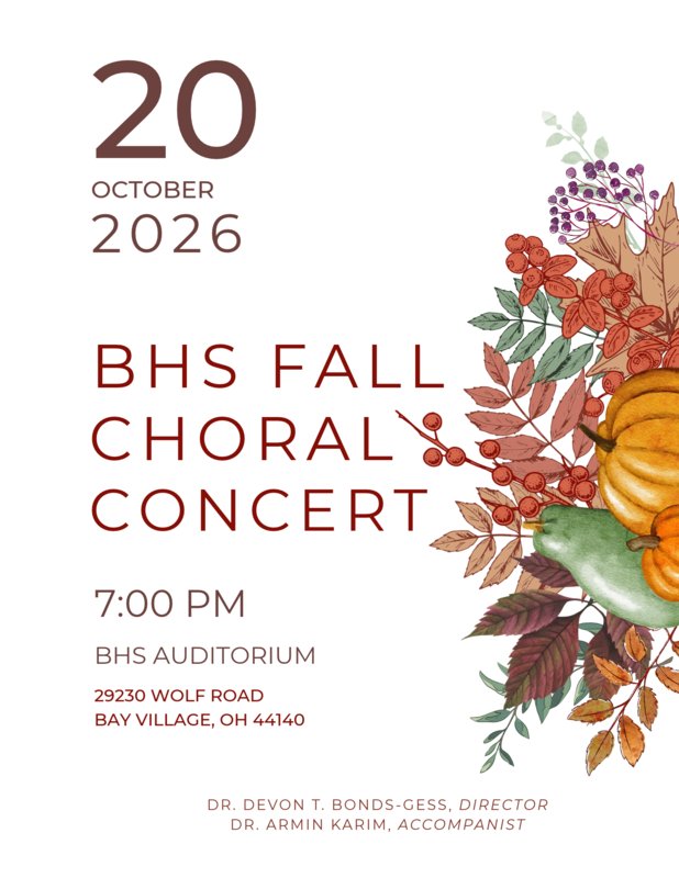 Fall Choral Concert at BHS on 10-20-26 with brown text, a white background and a fall motif.